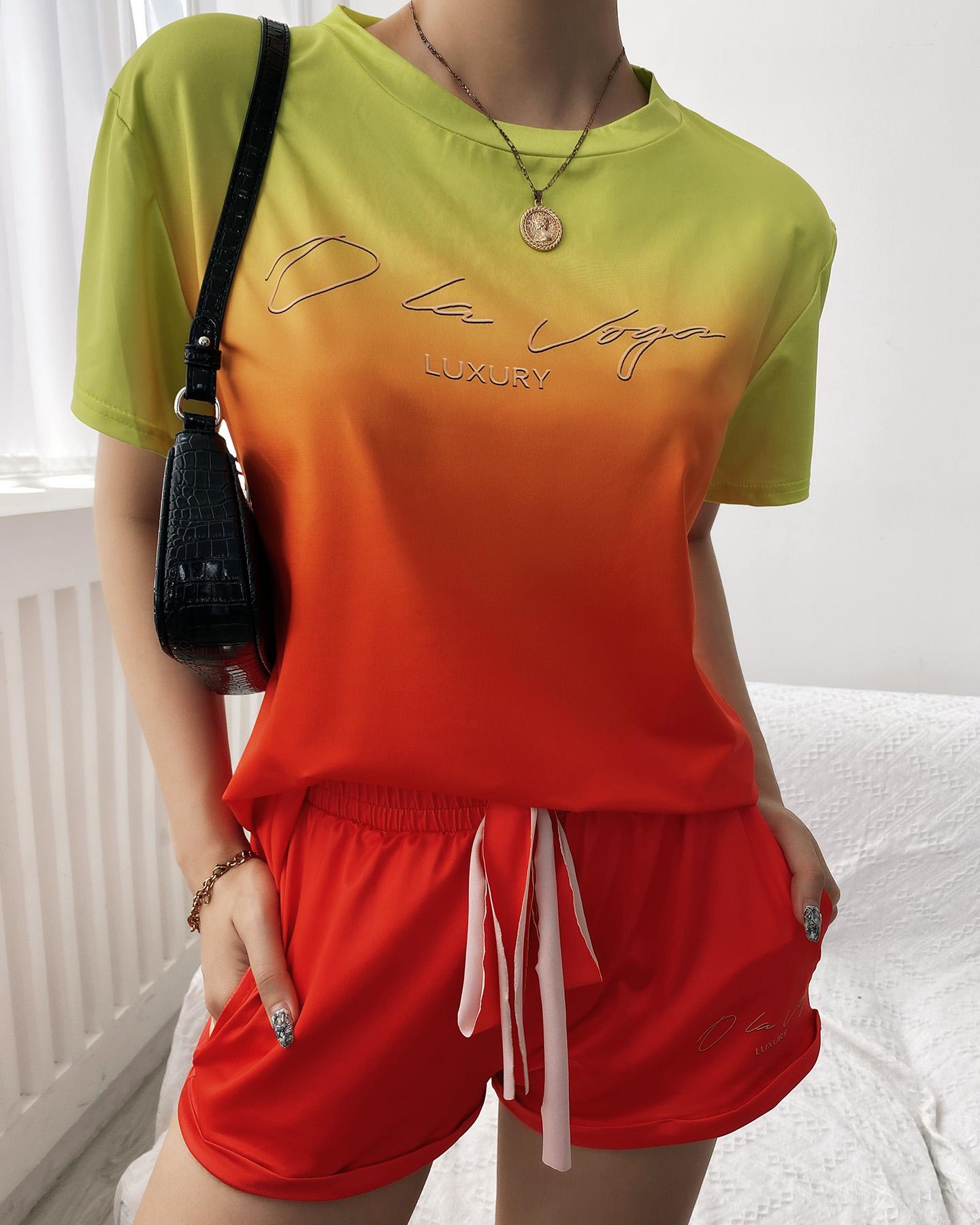 

Letter Print Colorblock T-Shirt & Drawstring Shorts Set, Yellow