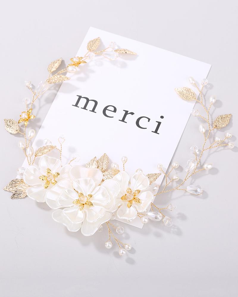 

Bridal Wedding Headpiece Beaded Floral Pattern Headband Hair Accessories, Gold