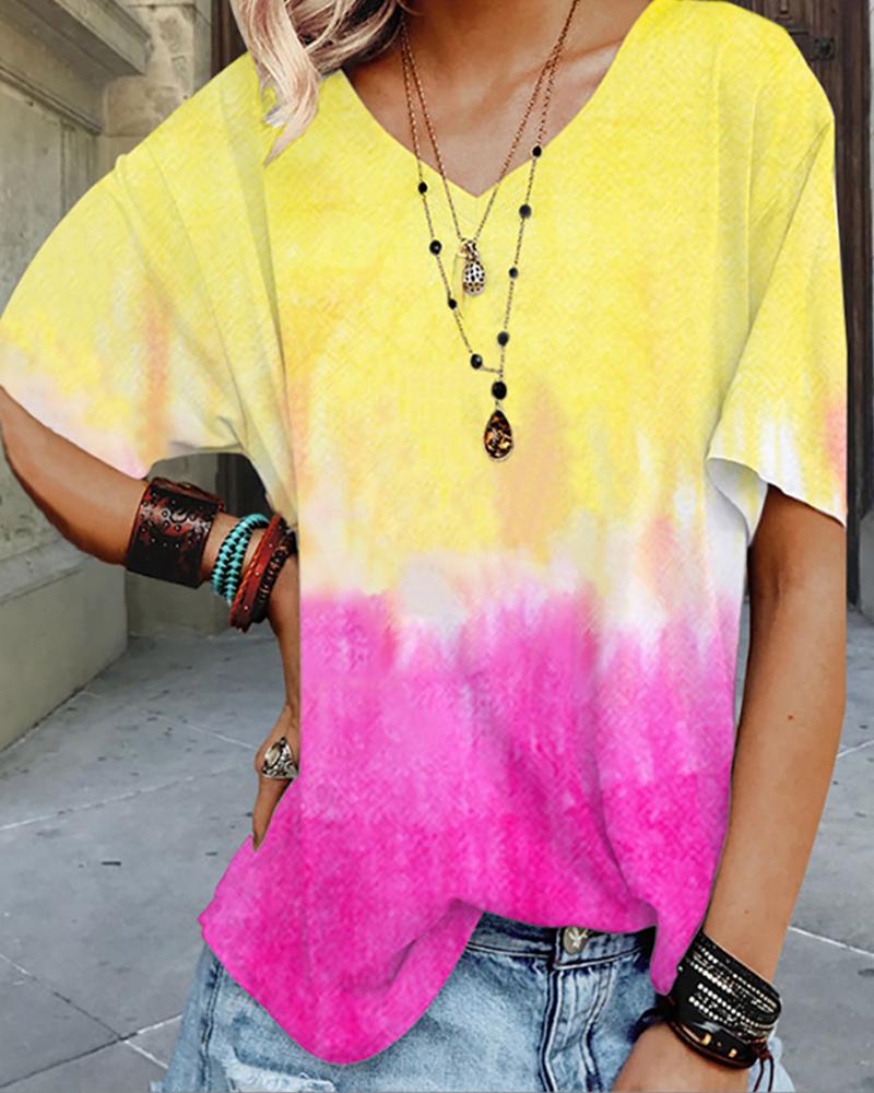 

Tie Dye Print Short Sleeve Casual T-shirt, Yellow