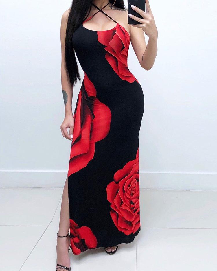 

Floral Print Halter Backless Split Dress, Black
