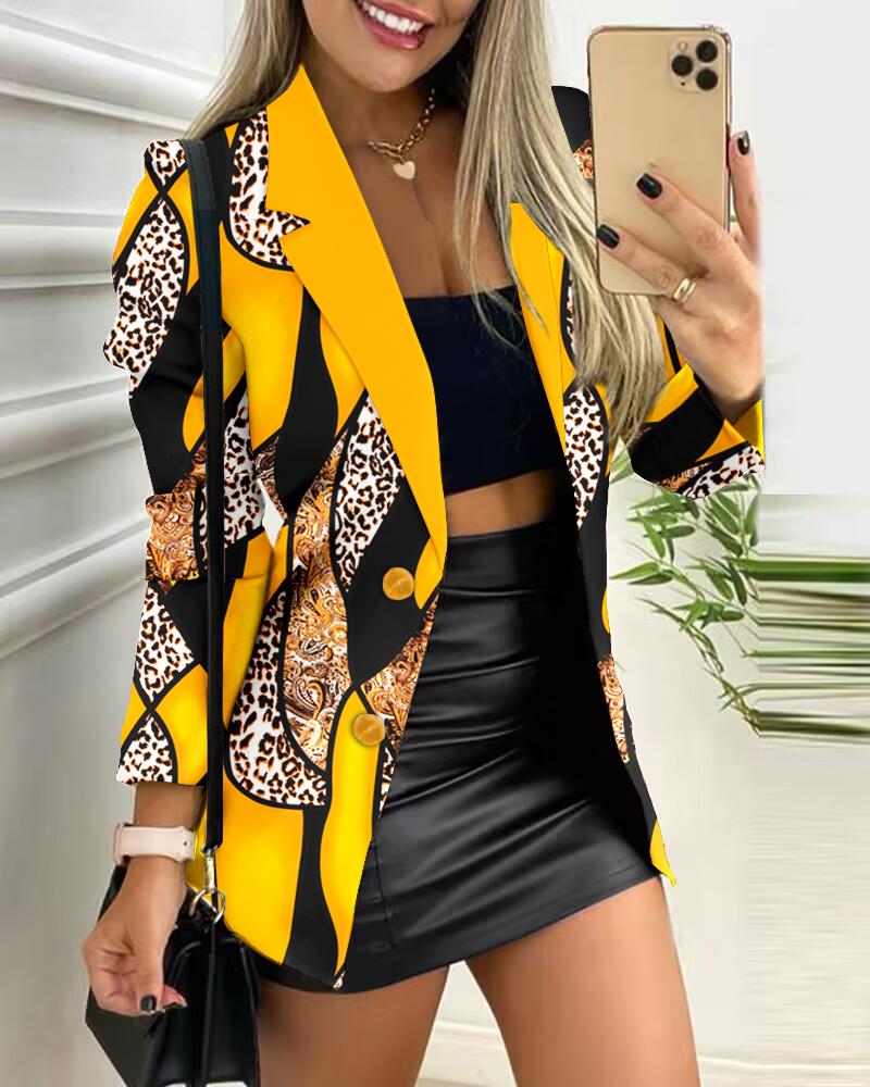 

Baroque Leopard Print Buttoned Blazer Coat, Yellow