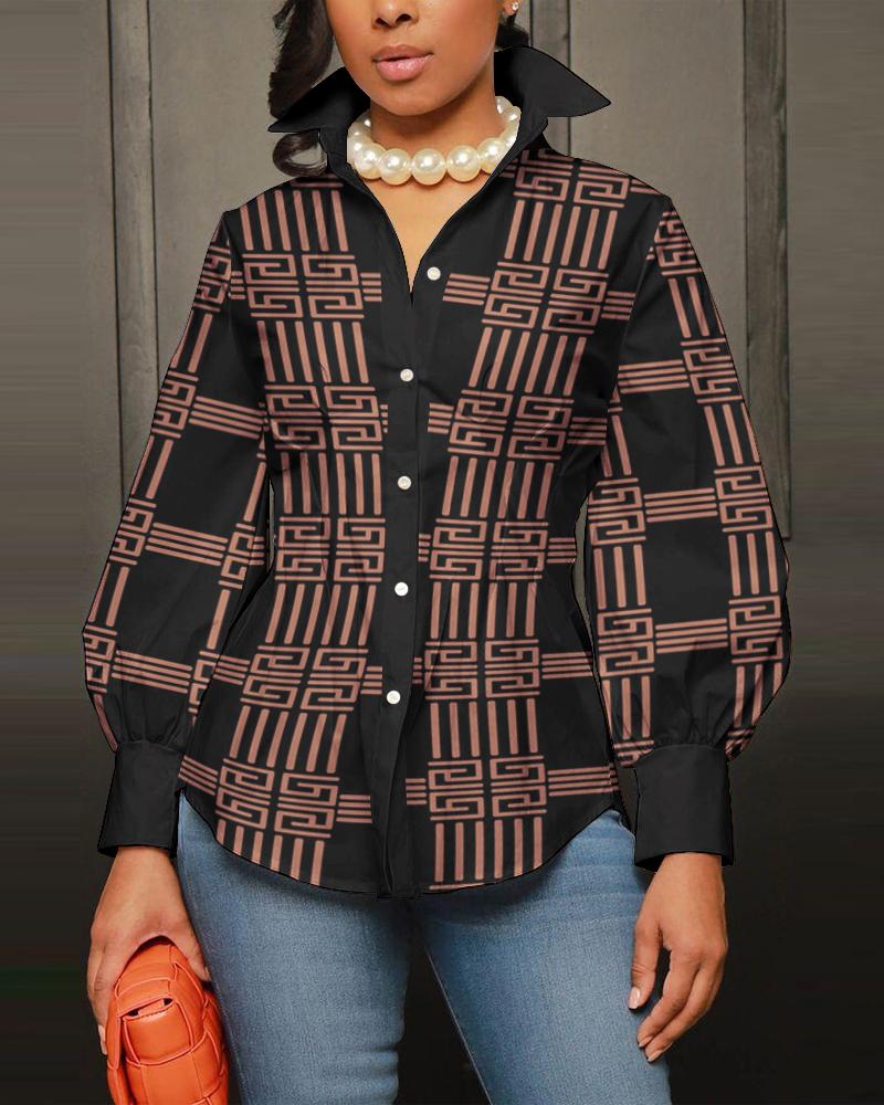 

Geometric Print Lantern Sleeve Button Down Shirt, Black