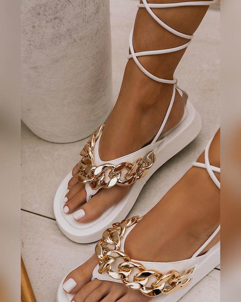 

Metallic Chain Strappy Post Toe Platform Sandals, White