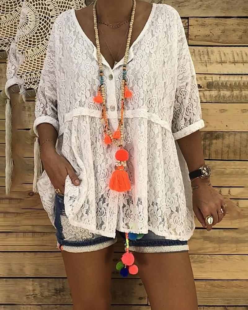 

Deep V Loose Lace Blouse, White
