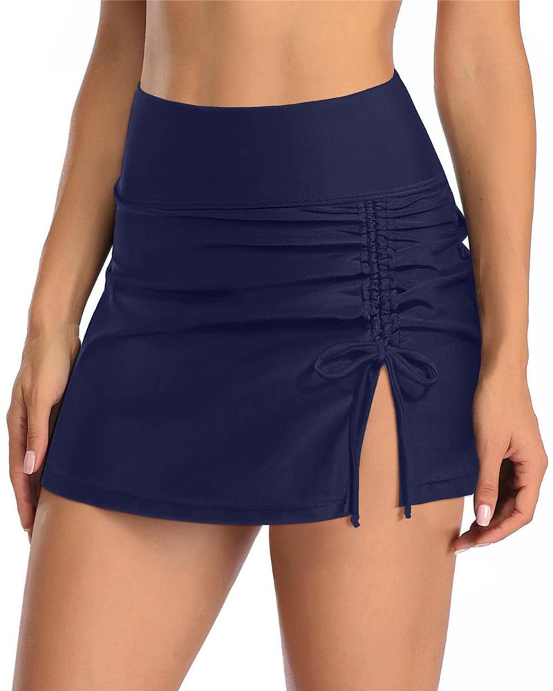 

High Waist Drawstring Slit Bikini Bottom Swim Skorts, Purplish blue