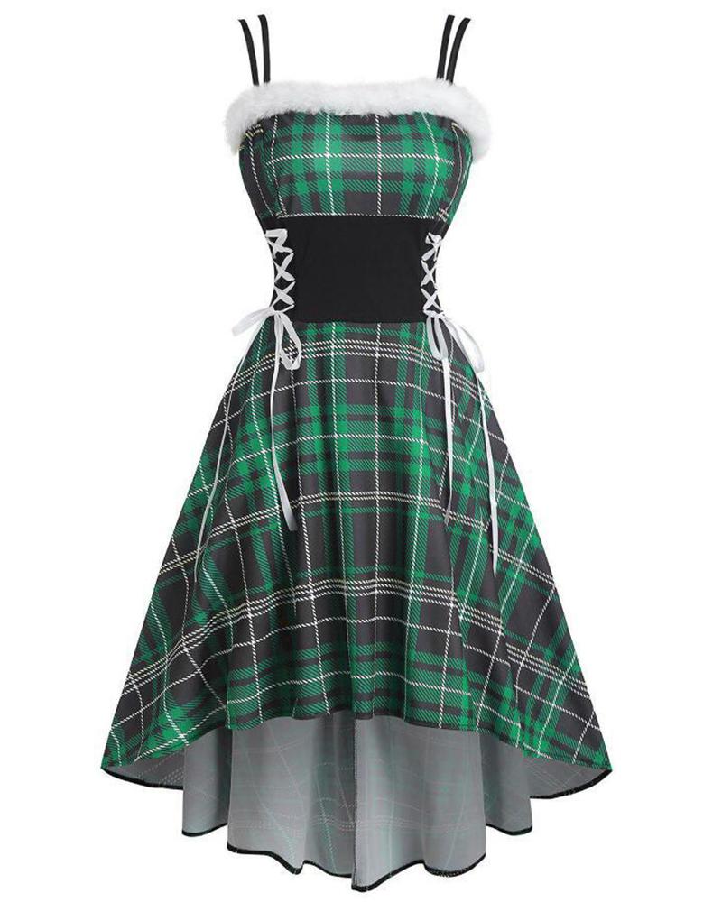 

Christmas Plaid Print Lace-up Fuzzy Trim Ruched Dress, Green