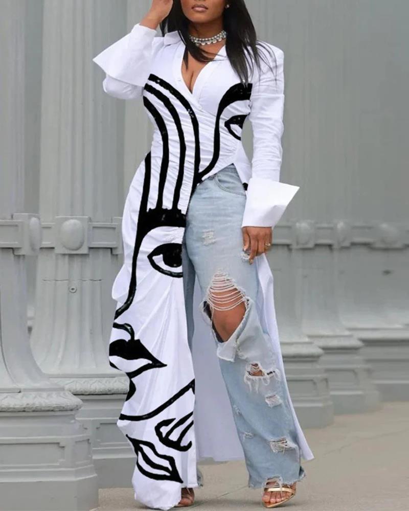 Plus Size Abstract Figure Print Ruched High Slit Longline Top