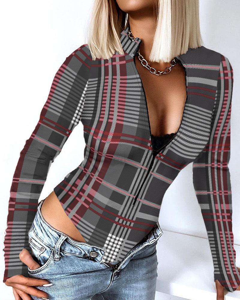 

Plaid Print Zip Front Long Sleeve Bodysuit, Gray