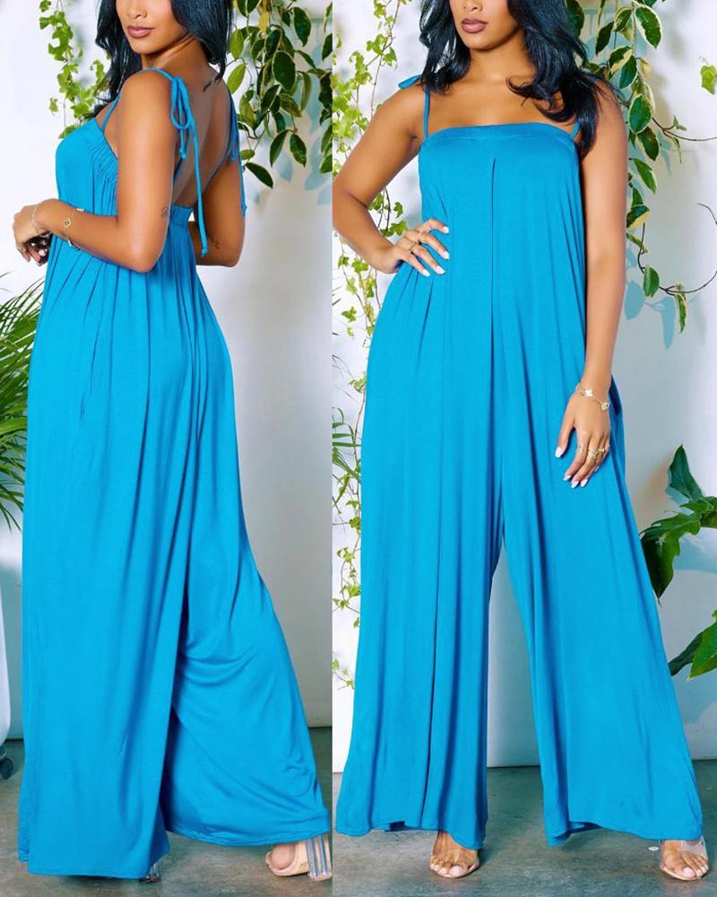 

Ruched Backless Tied Detail Wide Leg Jumpsuit, Blue