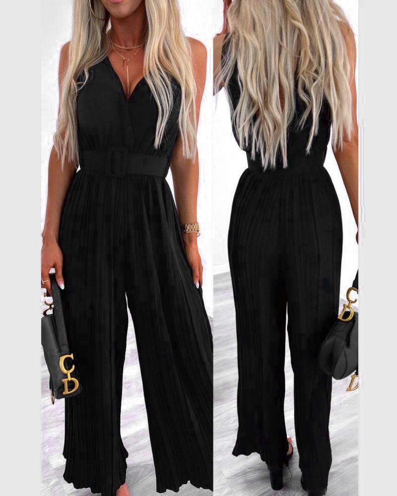 

V-Neck Wide Leg Pleated Jumpsuit, Black