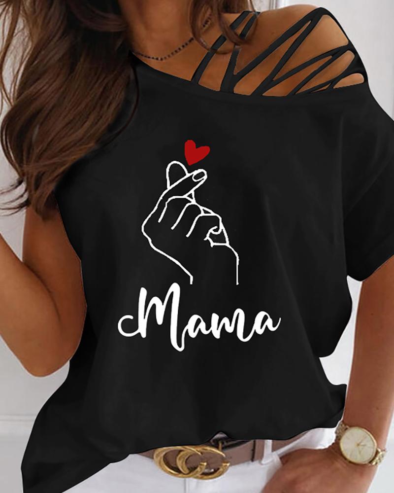 

Mother's Day Letter Print Cutout Lace-up Top, Black
