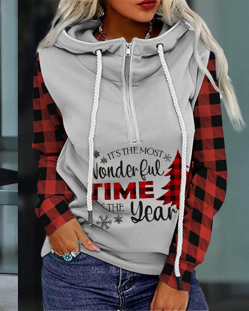 

Christmas Letter Plaid Print Hooded Top, Gray