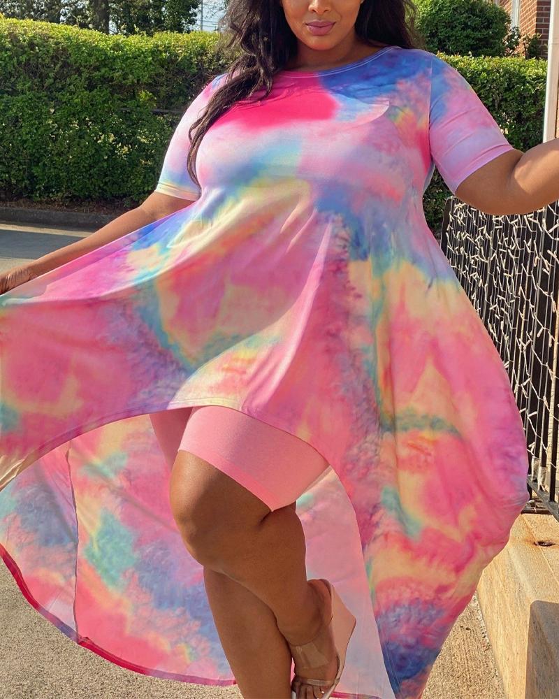 

Plus Size Tie Dye Print High Low Hem Casual Dress, Pink