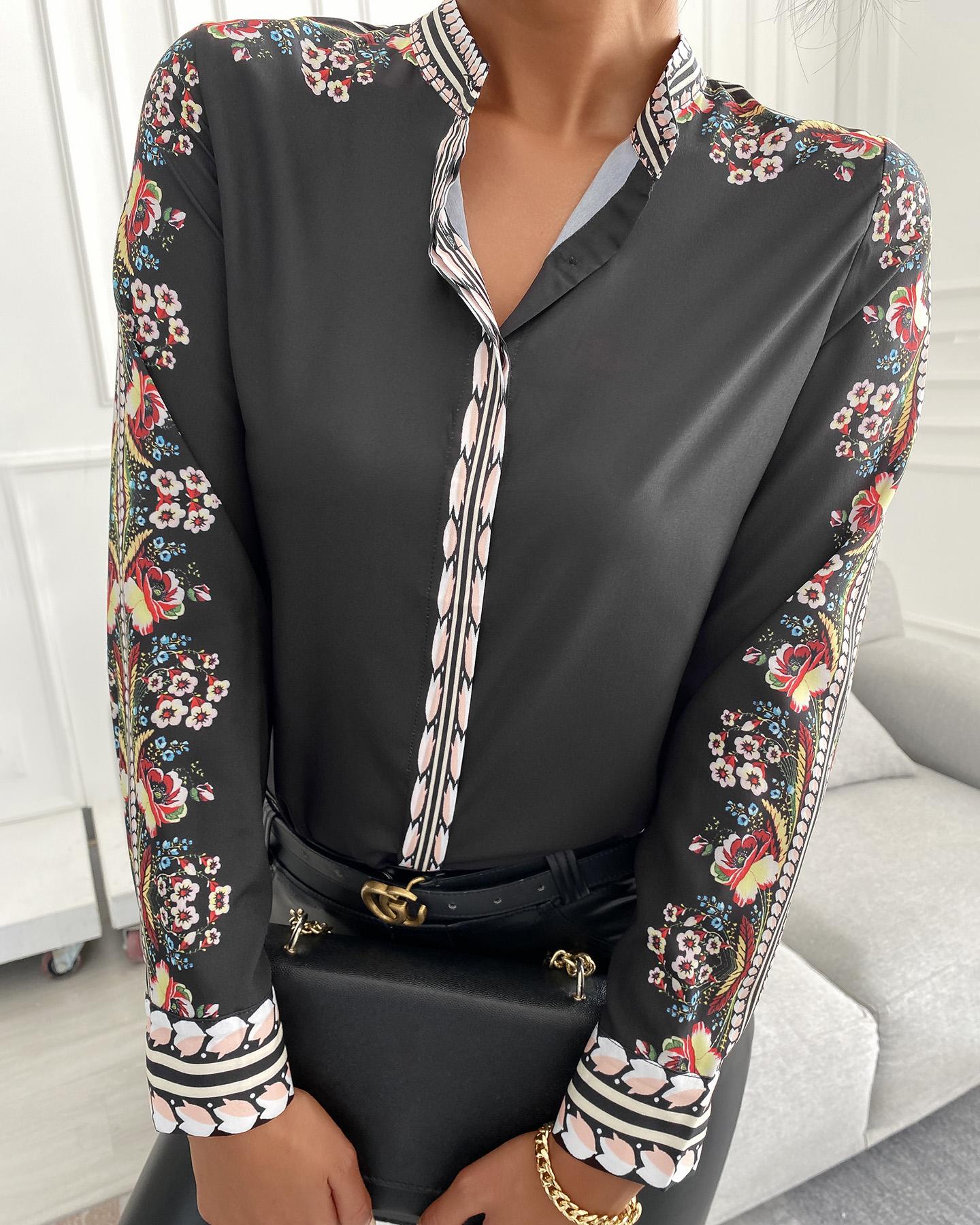 

Floral Print Colorblock Long Sleeve Shirt, Black
