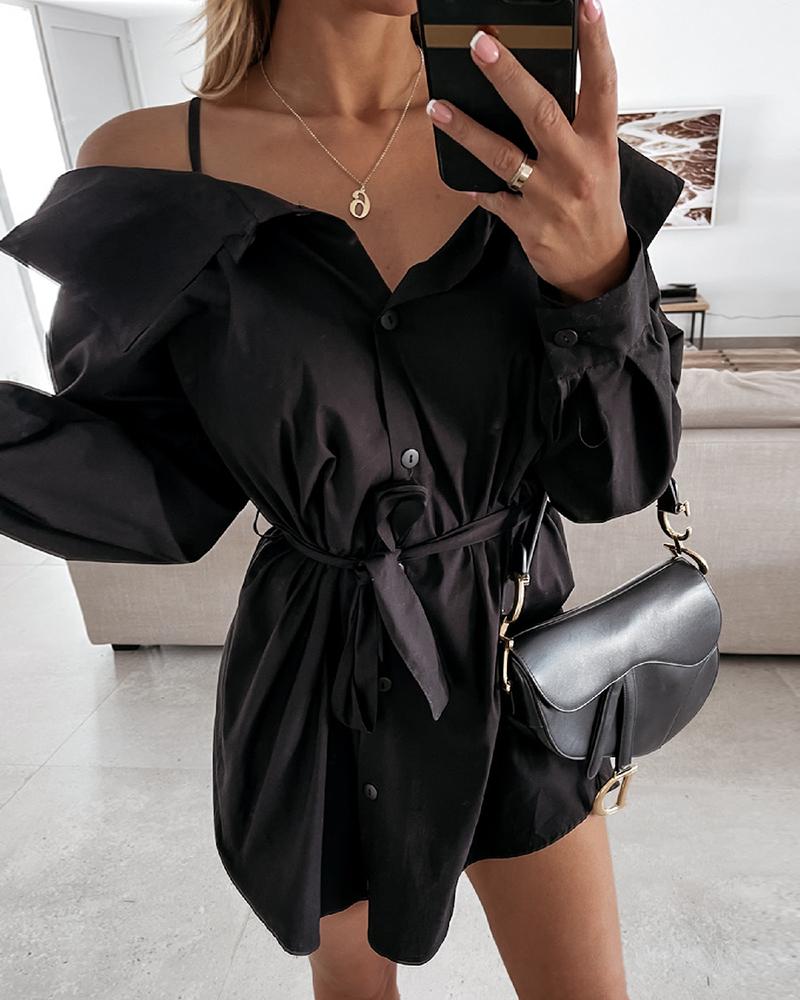 

Cold Shoulder Button Front Long Sleeve Shirt Dress, Black