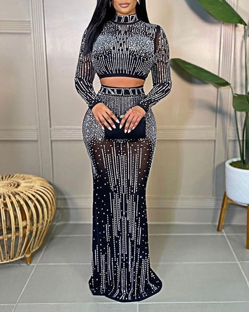 

Rhinestone Long Sleeve Top & High Waist Sheer Mesh Skirt Set, Black