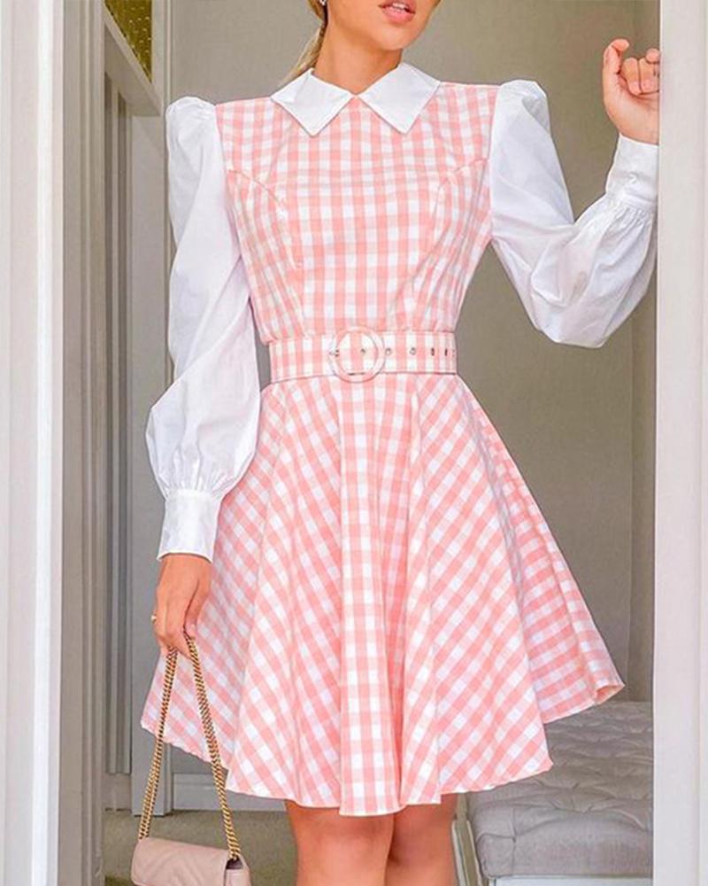 

Plaid Print Puff Sleeve Casual Dress, Pink