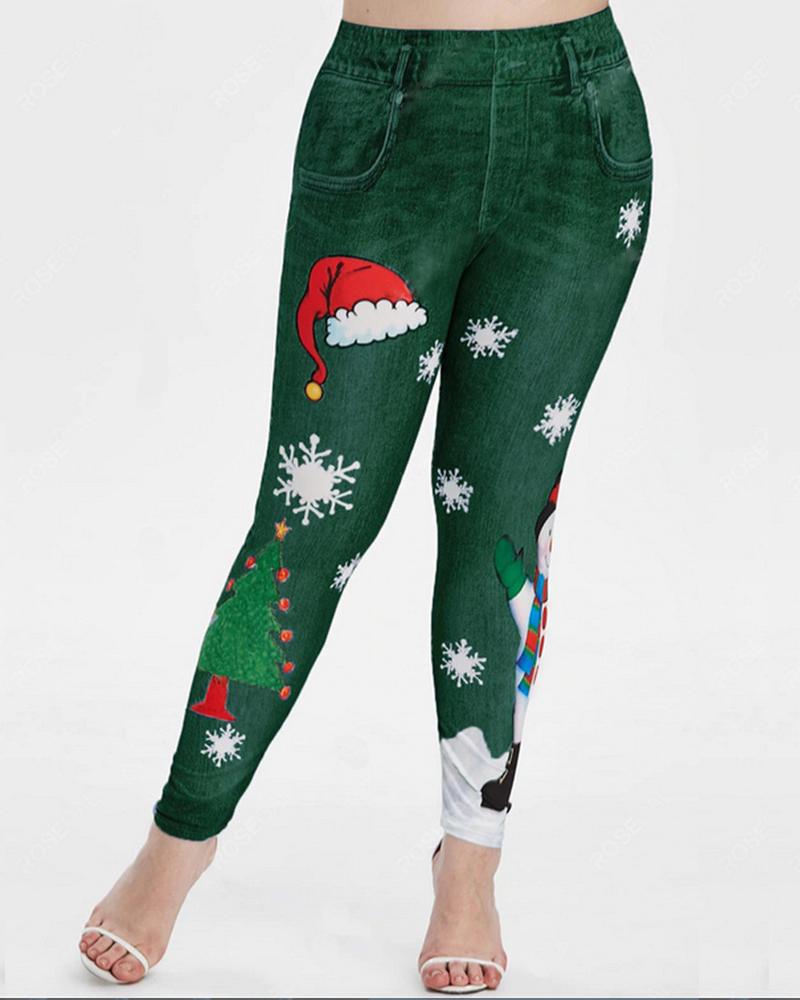 

Christmas Snowman / Tree / Snowflake Print Skinny Pants, Green