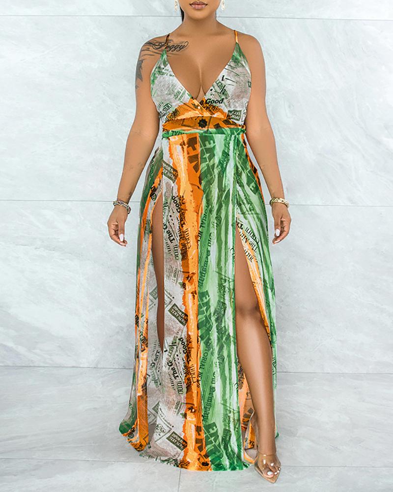 

Newspaper Print Sleeveless High Slit Maxi Dress, Green