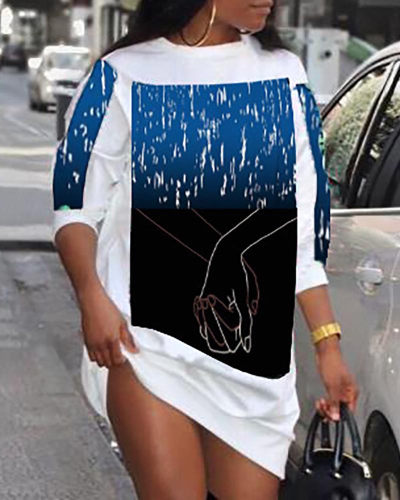 

Graphic Print Long Sleeve Casual Sweatshirt Dress, White
