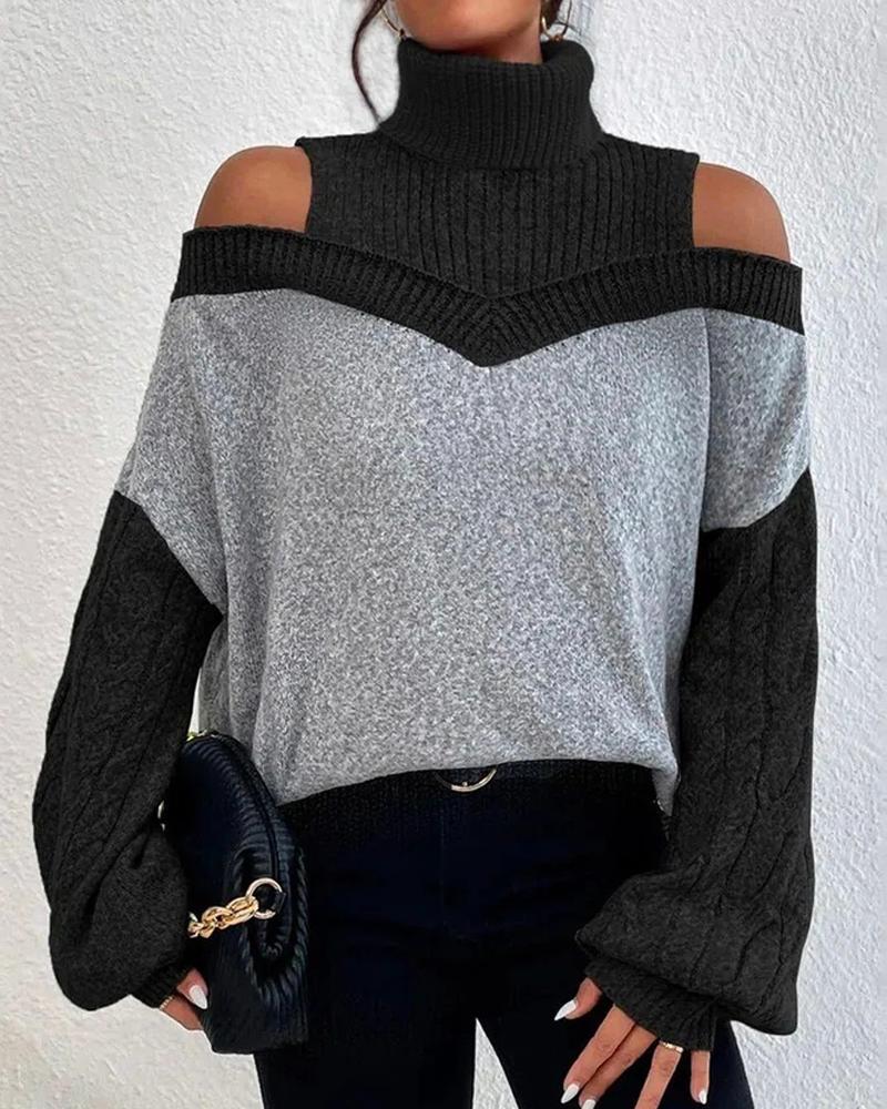 

Colorblock Cold Shoulder Lantern Sleeve Knit Sweater, Black