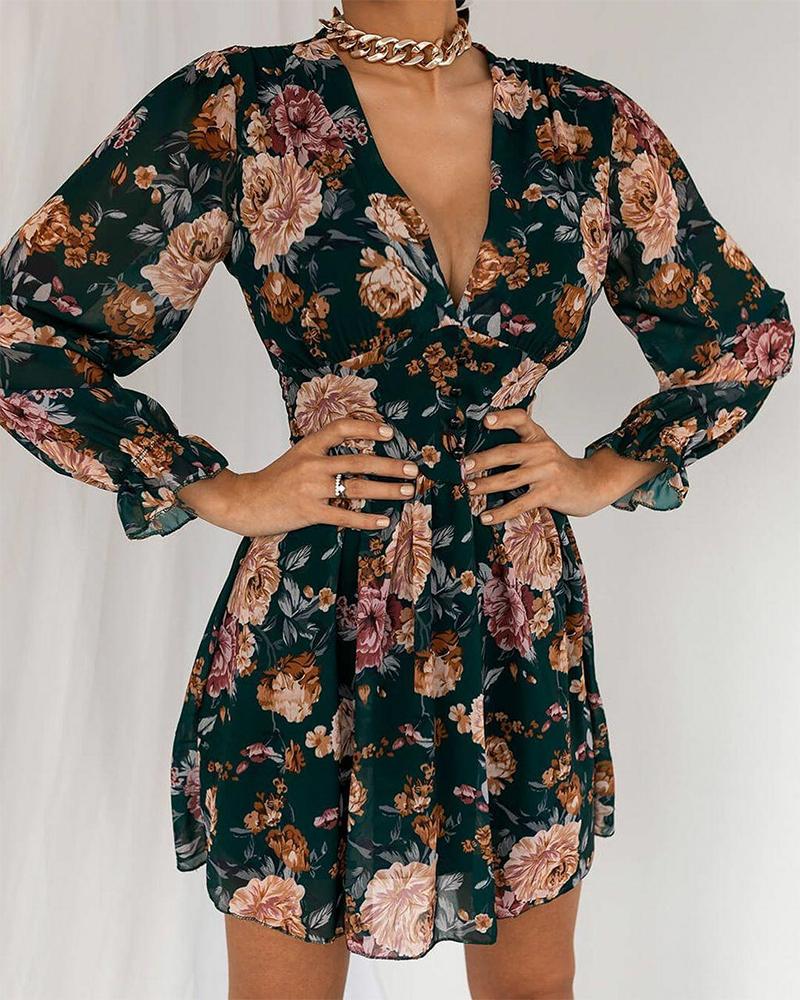 

All Over Floral Print V-Neck Flounce Sleeve Dress, Black