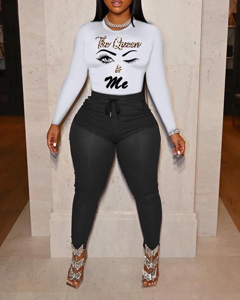 

Figure Letter Print Long Sleeve Top & Pants Set, Black