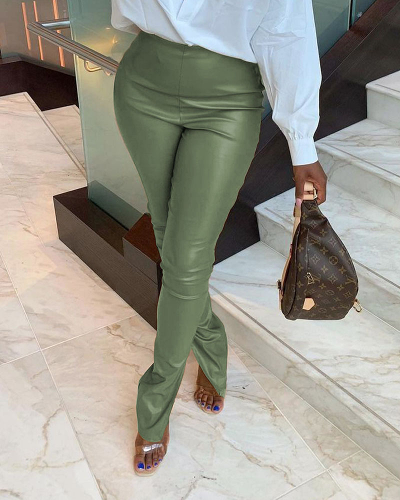 

Split Hem Skinny PU Leather Pants, Green
