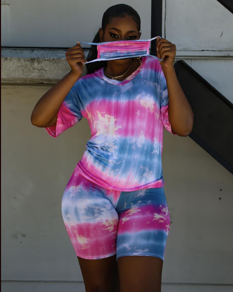

Tie Dye Print V-neck Top & Shorts Set With Face Cover, Pink