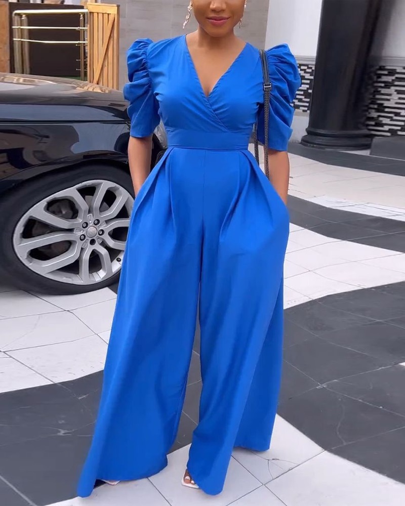 

Puff Sleeve Pocket Design Wide Leg Jumpsuit, Blue