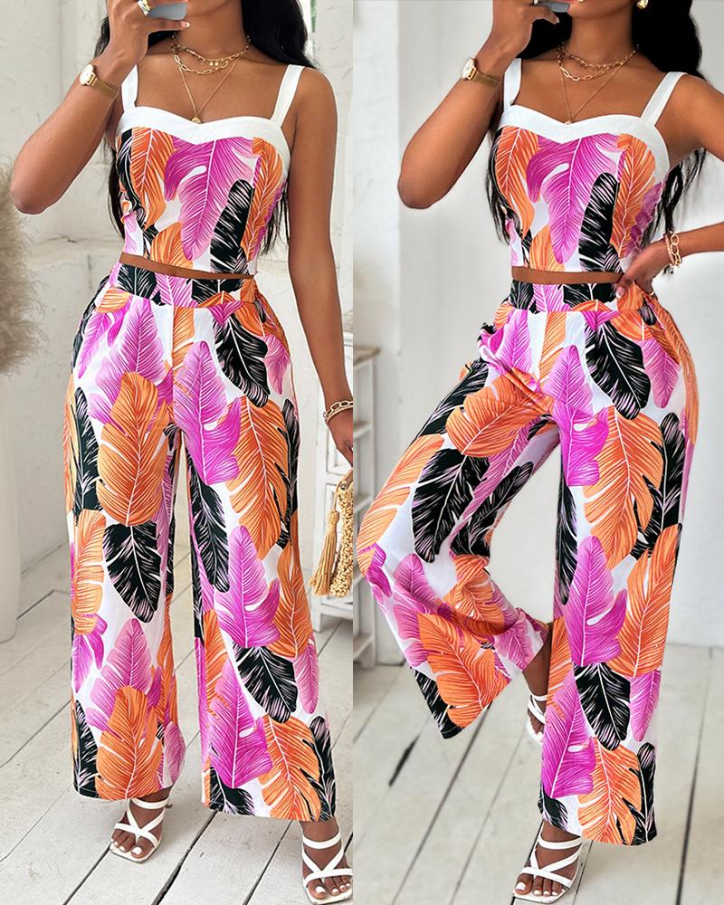 

Tropical Leaf Print Crop Top & Wide Leg Pants Set, Purple