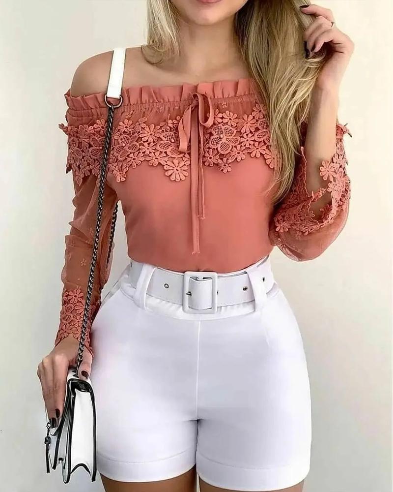 

Contrast Lace Off Shoulder Frill Hem Top, Pink