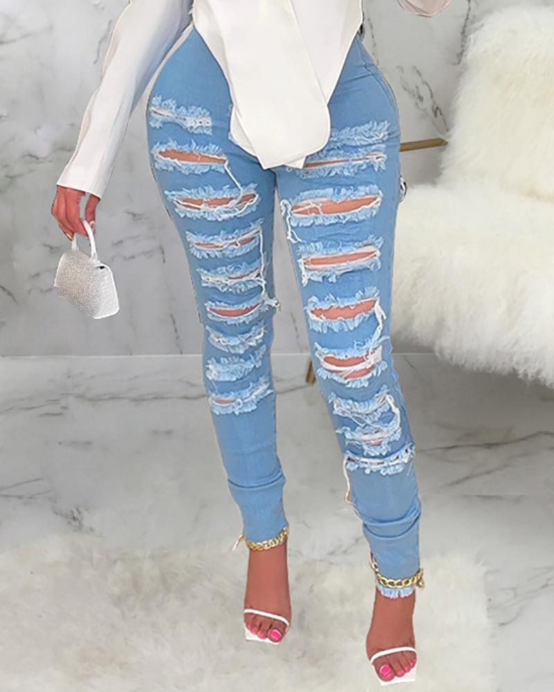 

Ripped Fringe Hem Ladder Cutout Pocket Design Jeans, Blue