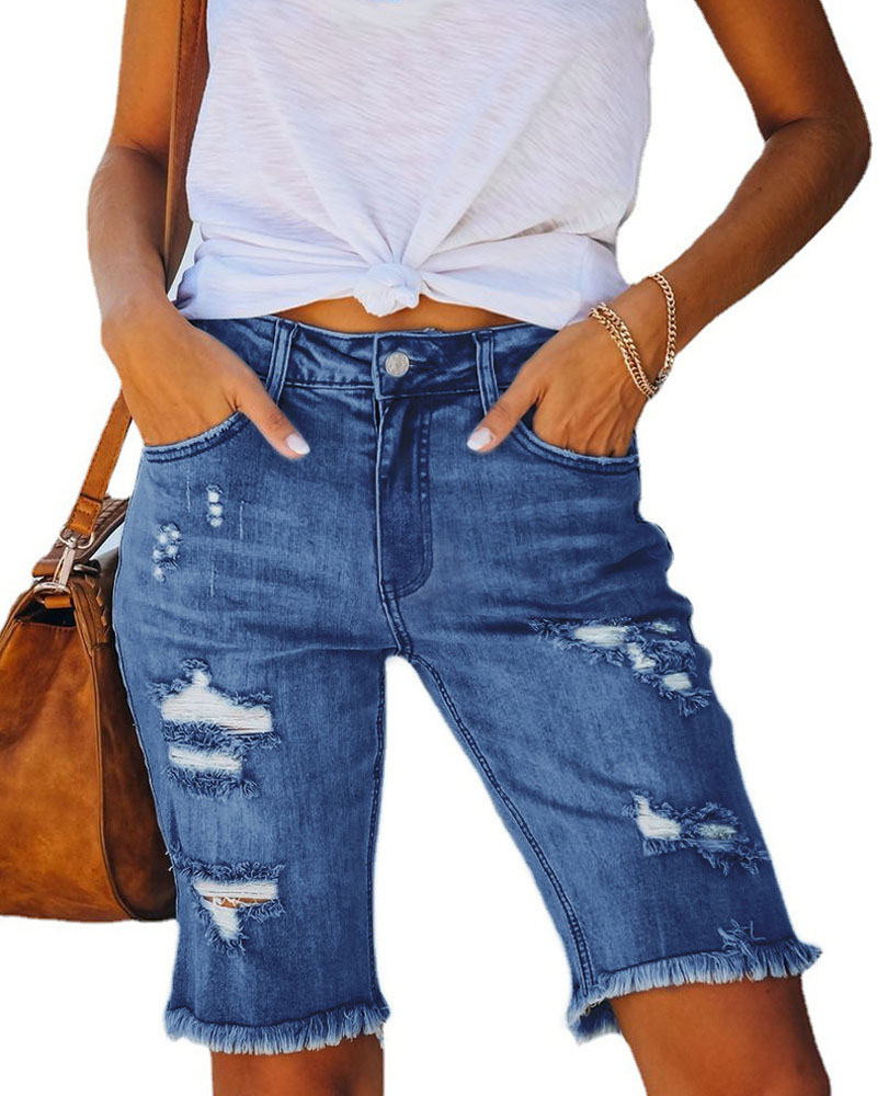 

Zipper Fly Ripped Raw Hem Denim Shorts, Blue