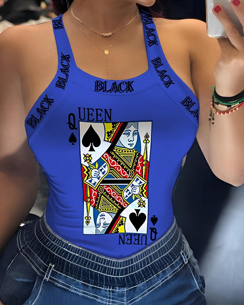 Letter Poker Print Sleeveless Bowknot Decor Top