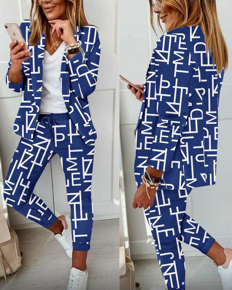 

Letter Print Long Sleeve Blazer & Pants Set, Blue