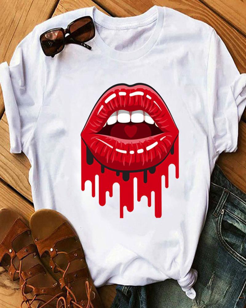 

Lip Print Short Sleeve Casual T-shirt, Style11