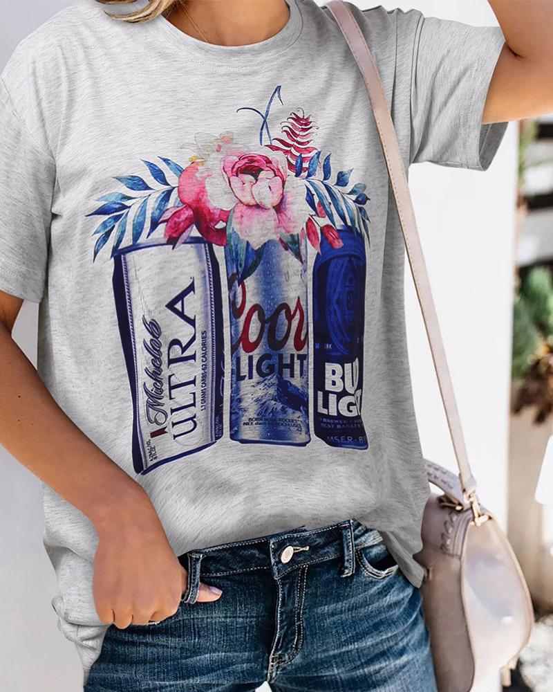 

Print Short Sleeve Casual T-shirt, Gray