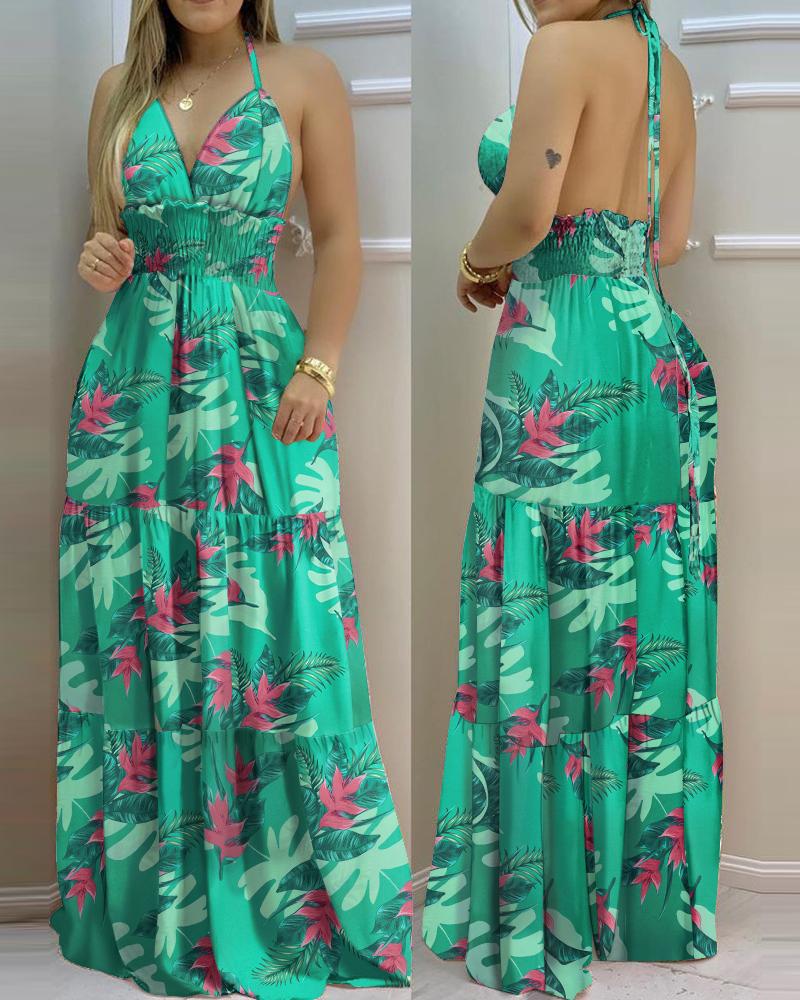 

Tropical Print Halter Backless Shirred Maxi Dress, Green