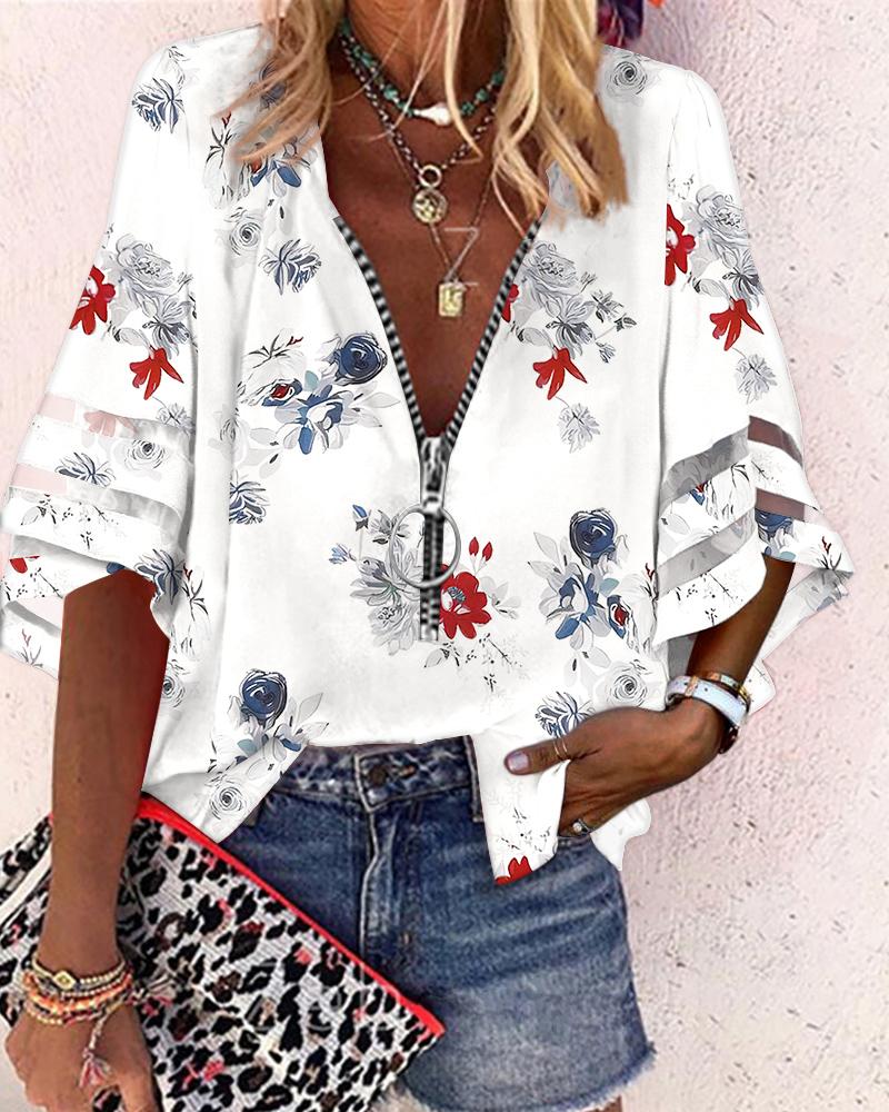 

Floral Print Zip Front Bell Sleeve Top, White