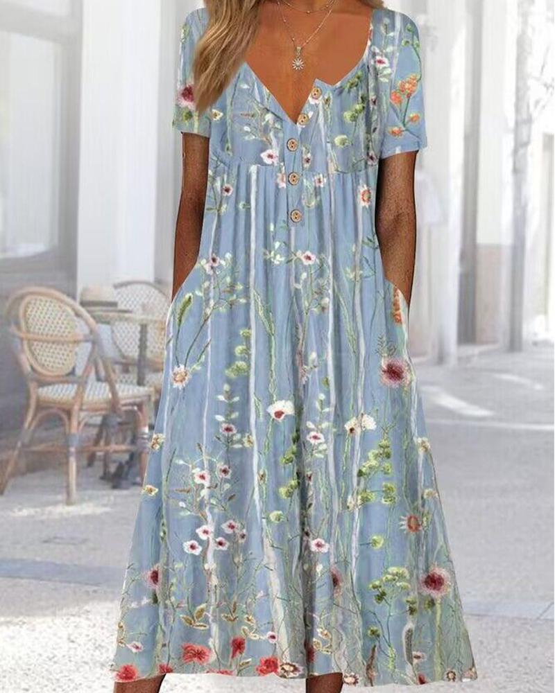 

Floral Print Pocket Design Ruched Casual Dress, Blue