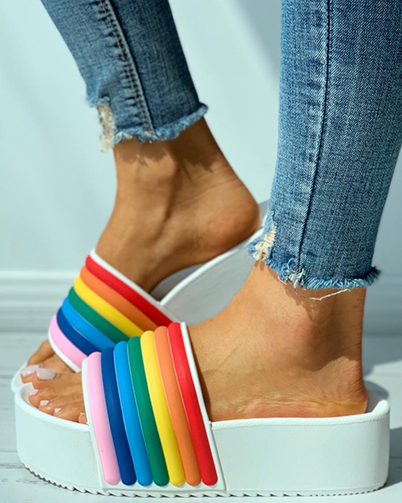 

Rainbow Pattern Colorblock Platform Slide Sandals, White