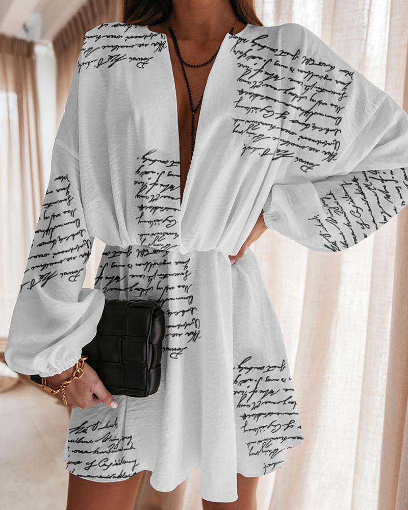 

Letter Print Lantern Sleeve Plunge Dress, White
