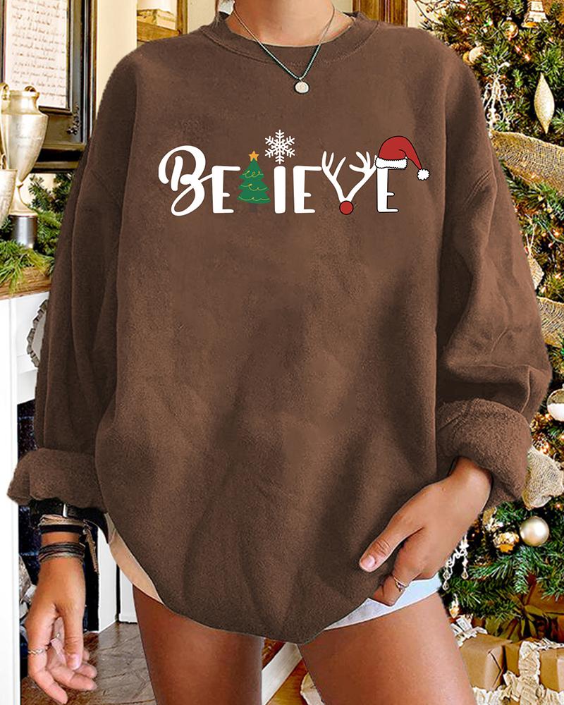 

Christmas Letter Tree Hat Print Long Sleeve Sweatshirt, Coffee