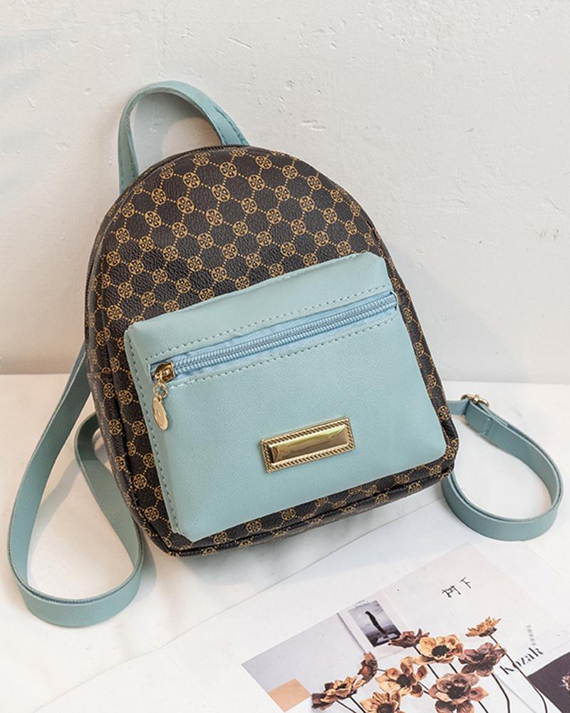 

Geometric Print Zipper Design Backpack, Blue