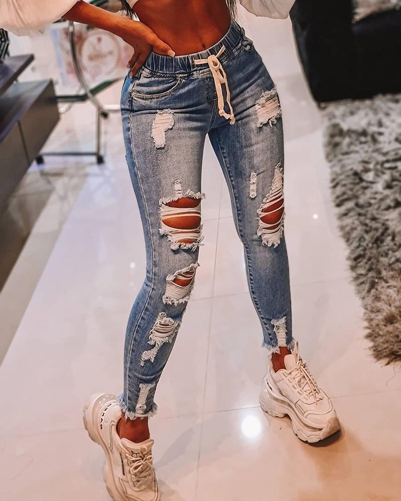 

High Waist Cutout Ripped Skinny Jeans, Blue