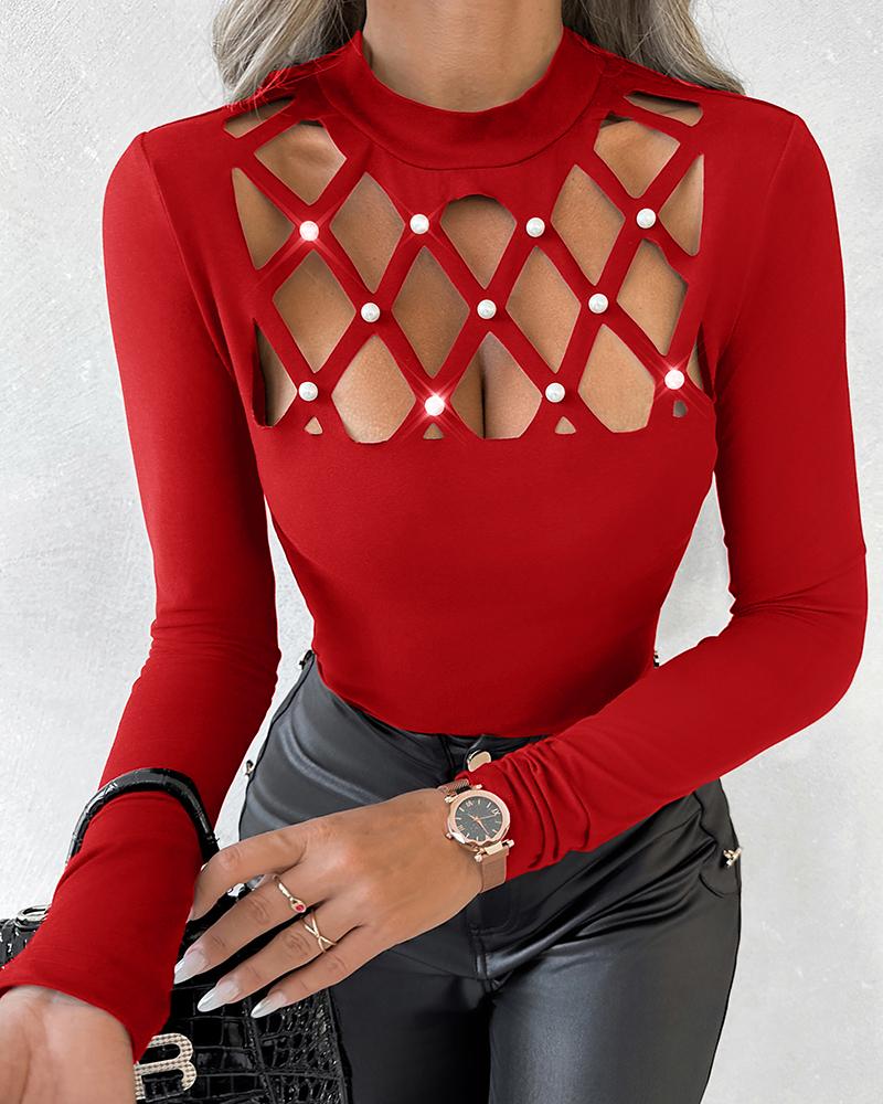 

Hollow-out Beaded Long Sleeve Top, Red