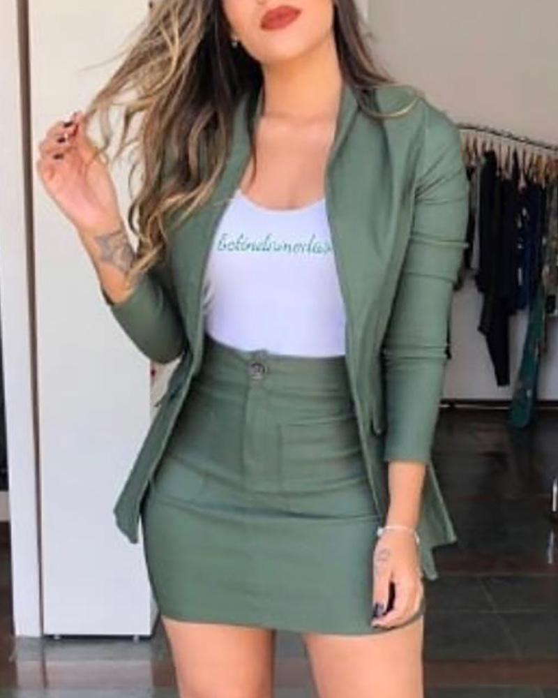 

Long Sleeve Blazer Coat & Pockets Skirt Set, Green