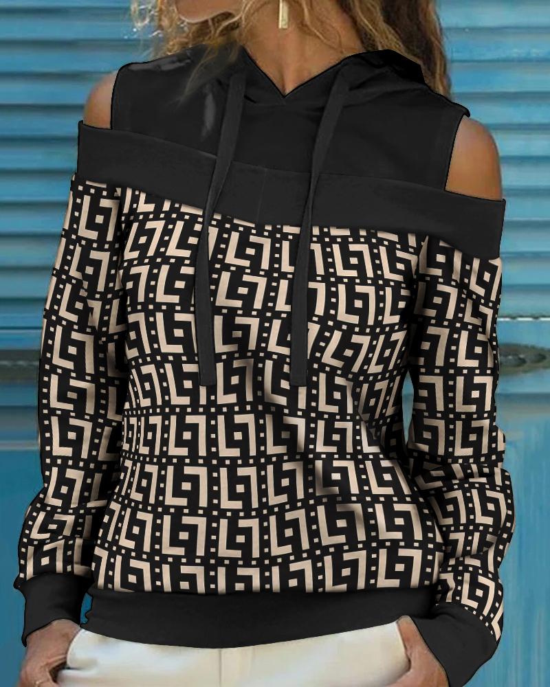 

Geo Print Cold Shoulder Long Sleeve Hoodie, Black