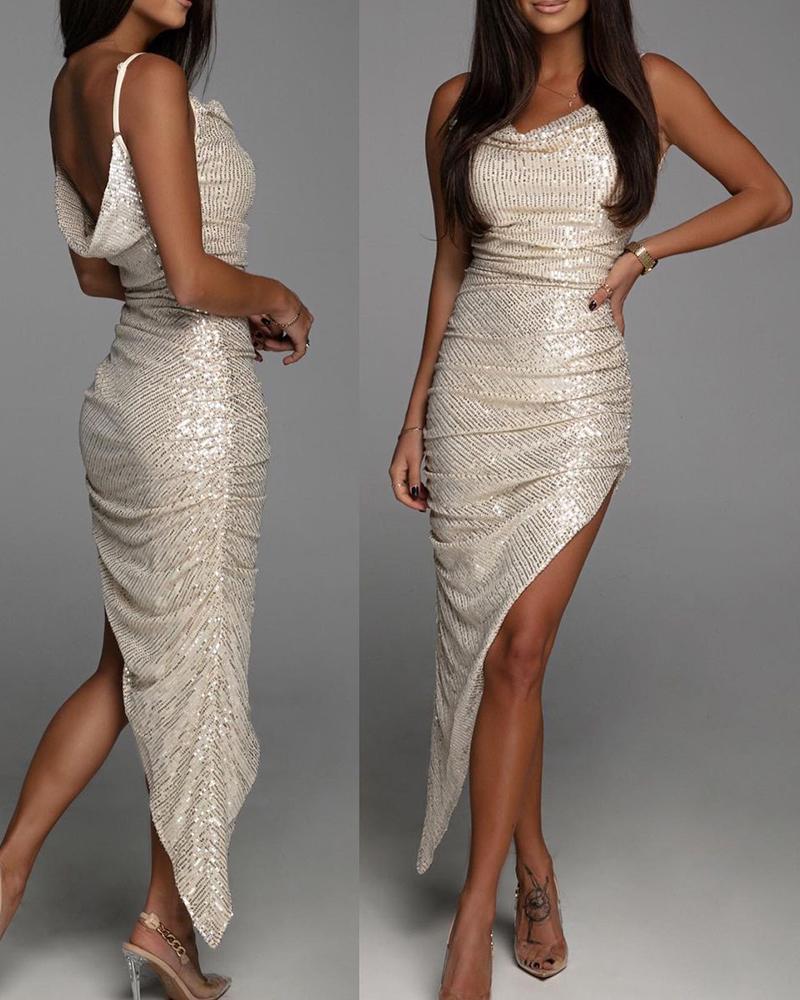 

Cowl Neck Sleeveless High Slit Ruched Sequin Dress, Apricot